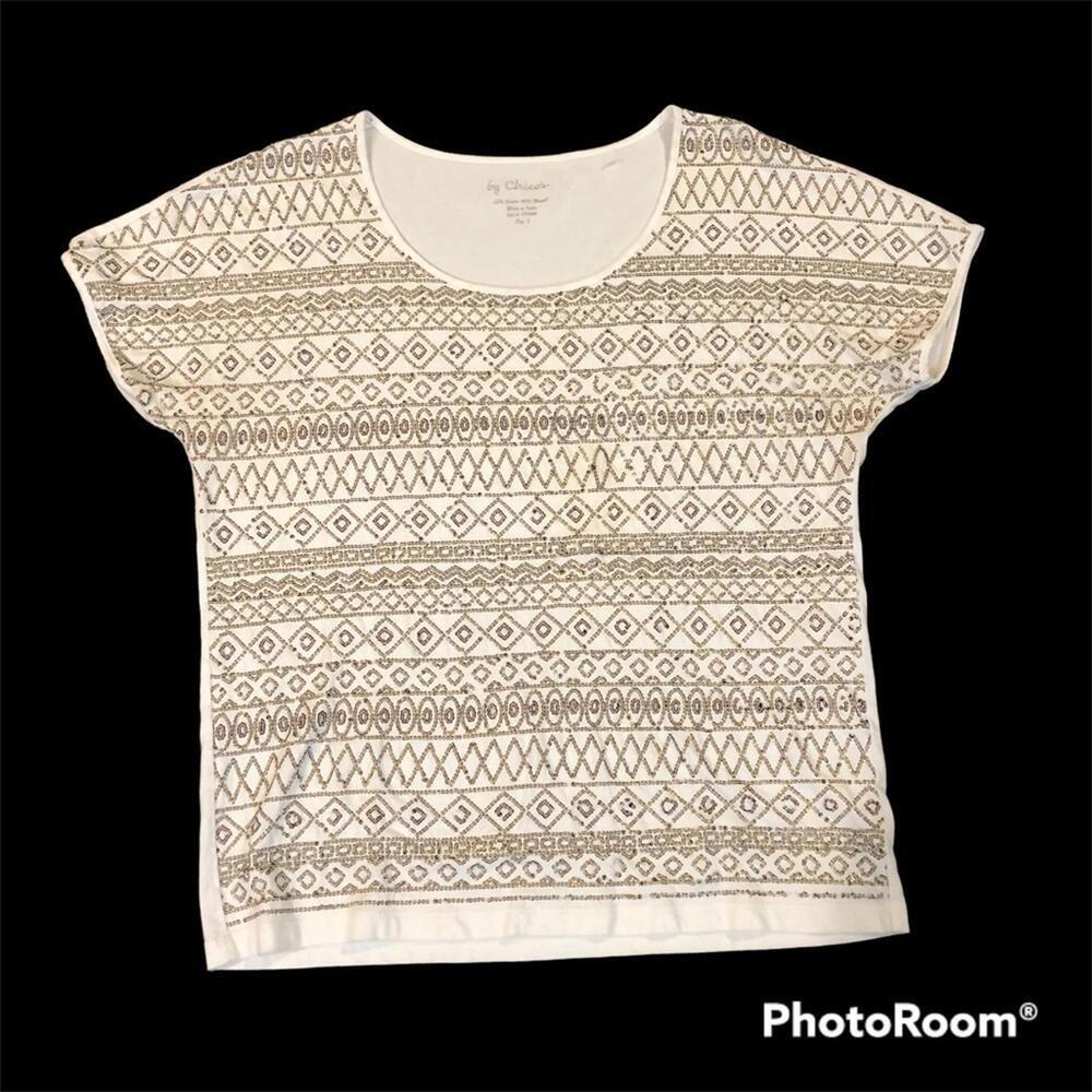 Chico’ Women’s Sequined T Short Sleeve T Shirt Cap Sleeve Vanity Size 2